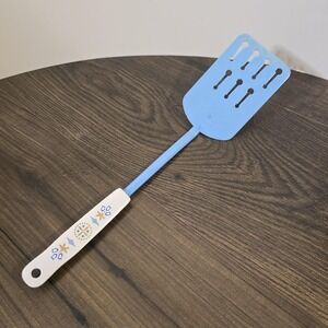 Vintage EKCO Spatula Lrg Slot Dutch Tulip Carousel Handle Hex Blue Enamel 12⅝"